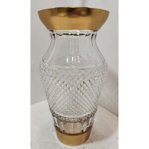Vintage Bohemian Diamond Cut Crystal Gold Rim Vase 10" Heavy Ornate